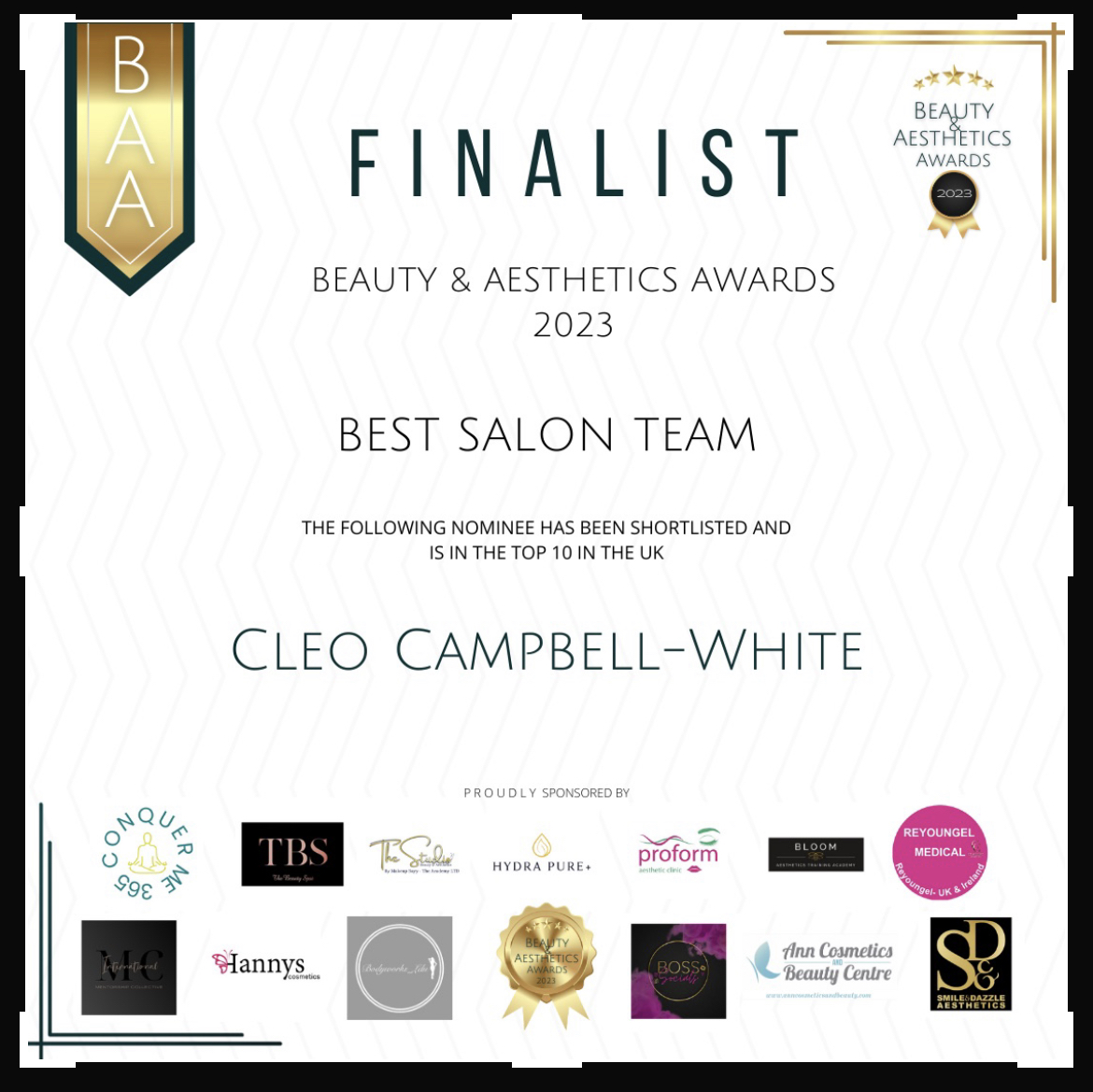 Beauty & Aesthetics Awards 2023 - Finalist, Best Salon Team (Top 10 UK)